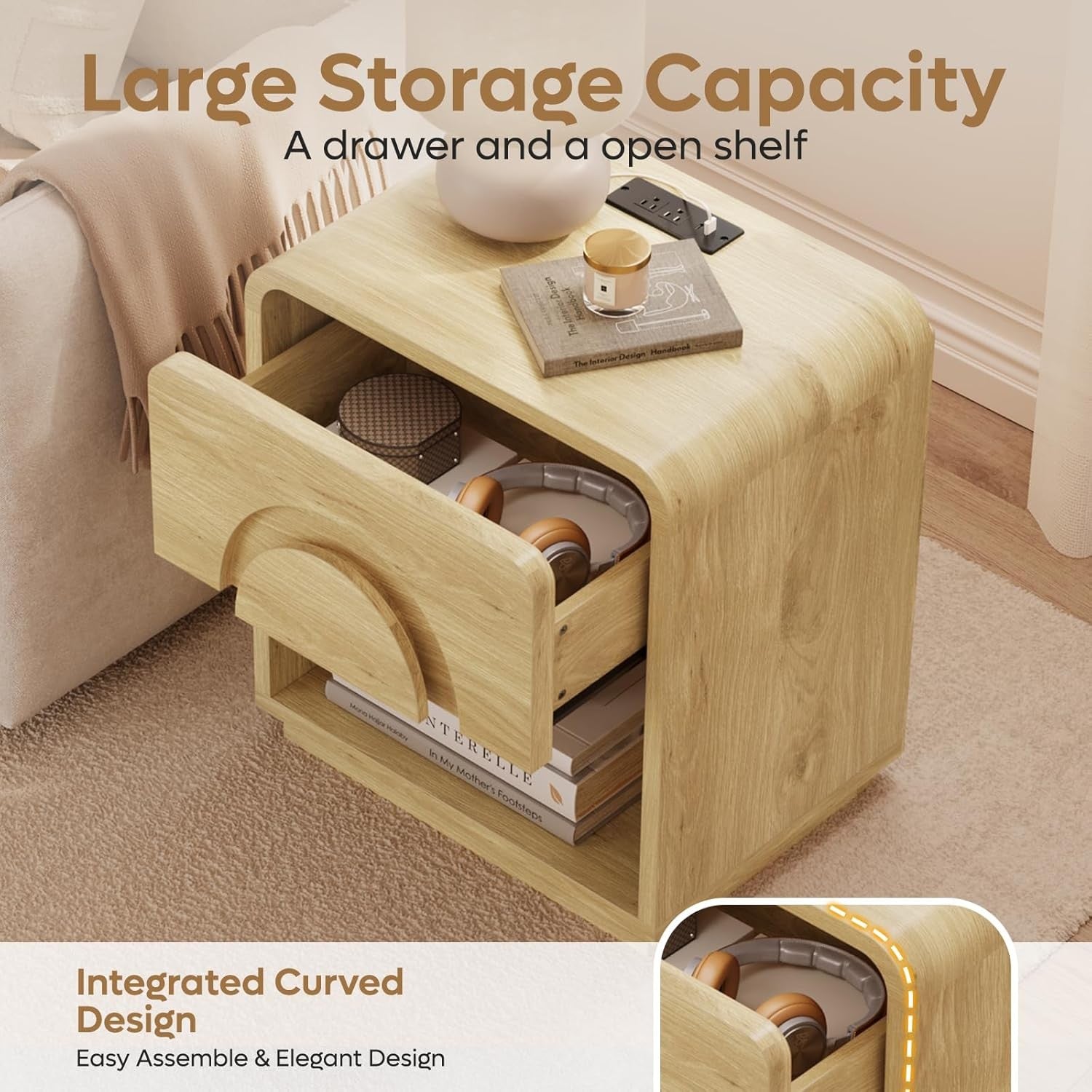 Modern Curved Bedside Table with Charging Station & Drawer Storage – Natural Woo