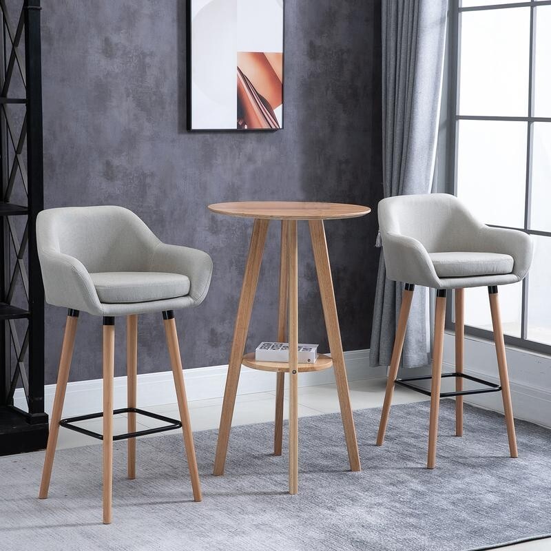 2x Beige Linen Bar Stools with Backrest Armrest Wood Legs for Kitchen