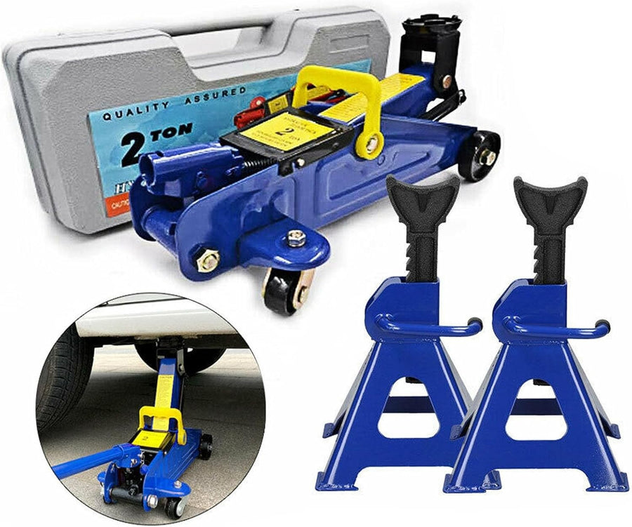 2 Ton Hydraulic Trolley Jack + 3 Ton Axle Stands Set Heavy Duty Car Lift Blue