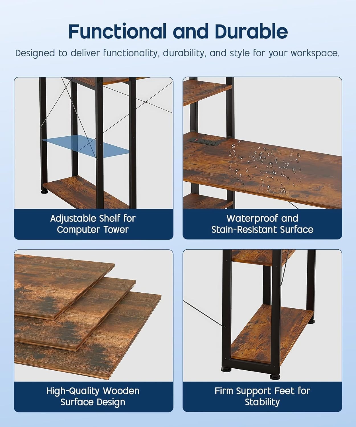 Rustic Computer Desk Brown w/ Power 120cm Outlet & 4 Shelves
