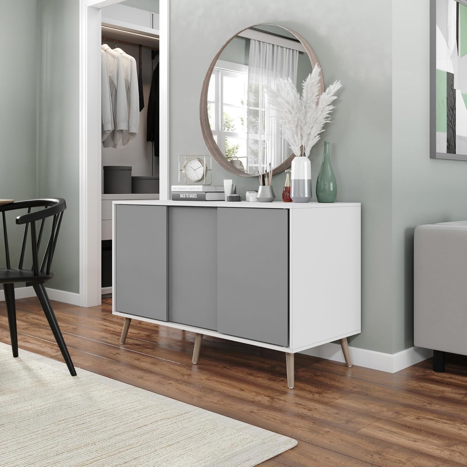Modern Grey Sideboard Cabinet White Frame Storage Unit with Beech Legs