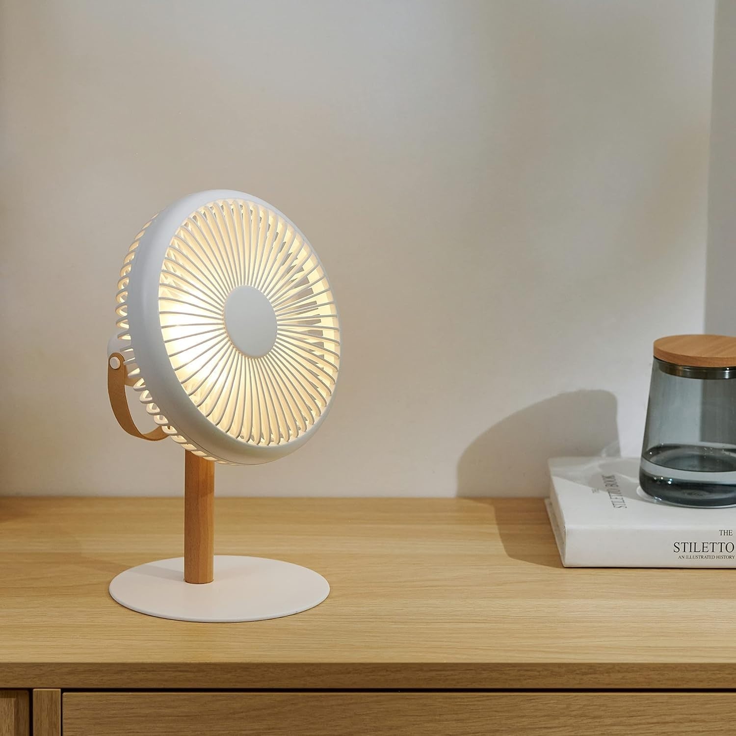 Portable Desk Fan 2-in-1 Rechargeable USB Remote Control Quiet Cooling LED White
