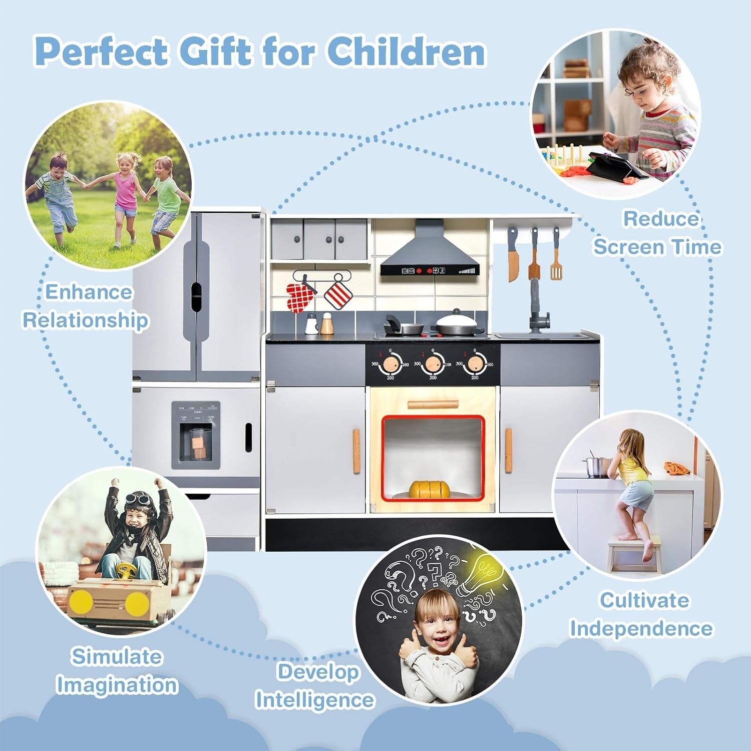 Wooden Kids Play Kitchen Set w/ Fridge Lights Sounds Accessories