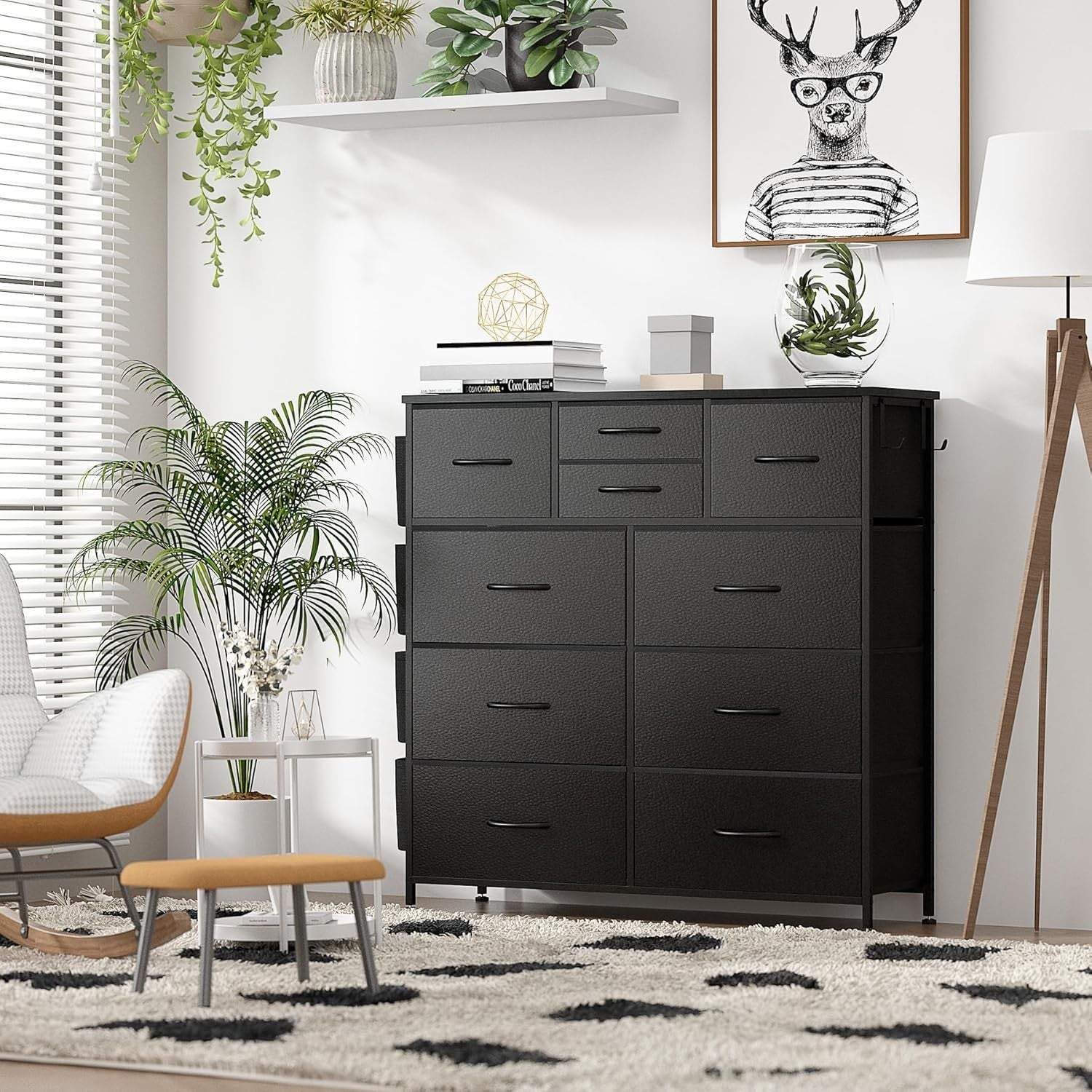 Black 10 Drawer Tall Chest with Fabric Drawers, Hooks & Side Storage Pockets