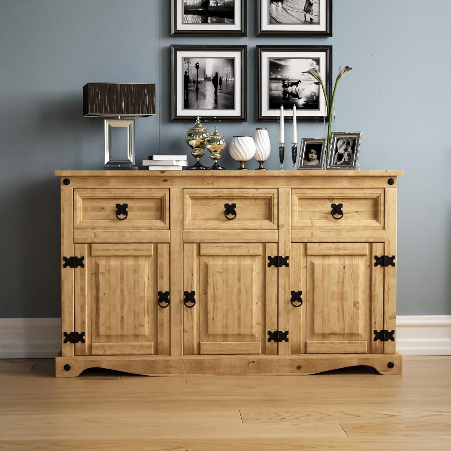 Large Rustic Solid Pine Sideboard 3 Door 3 Drawer Storage Cabinet 125cm