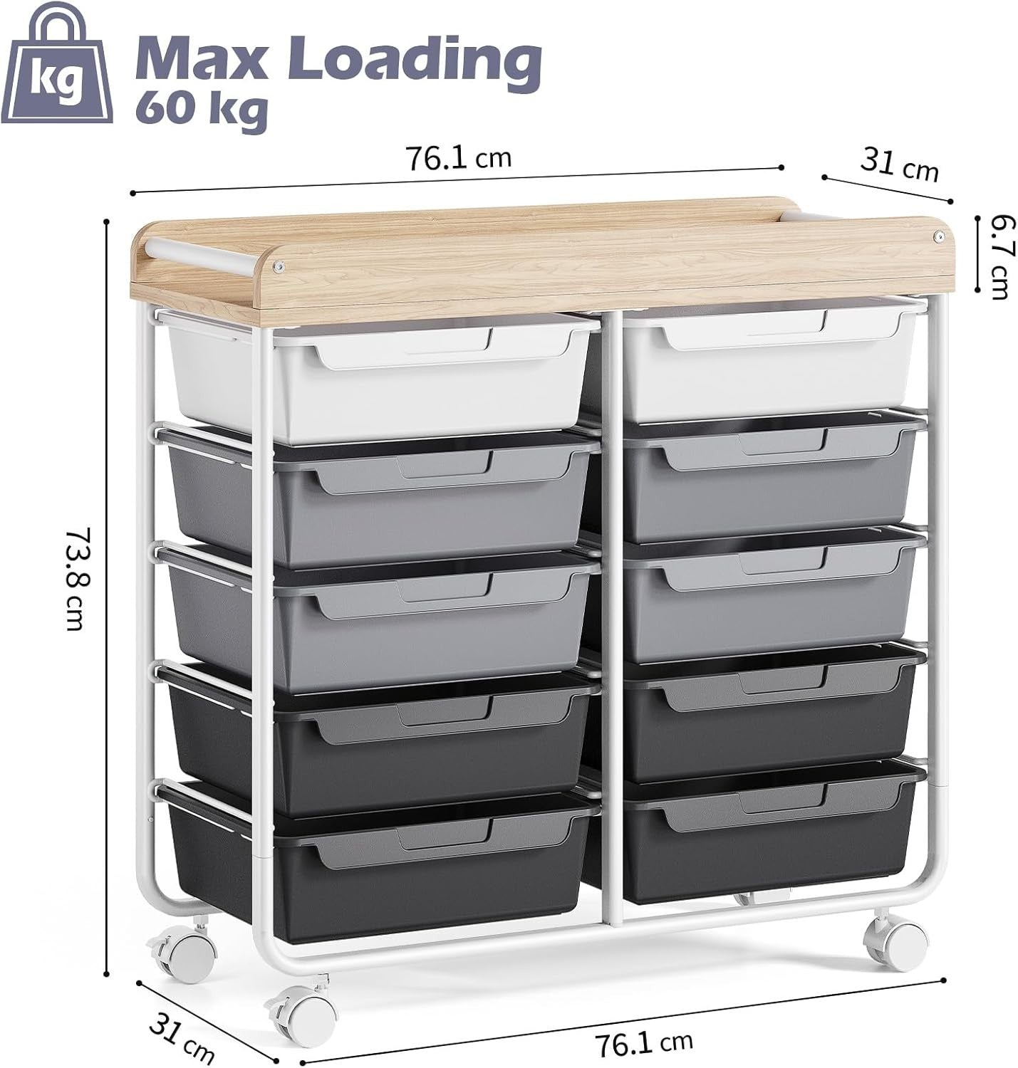 10 Drawer Craft Storage Cart Rolling Utility Organizer Trolley Gray