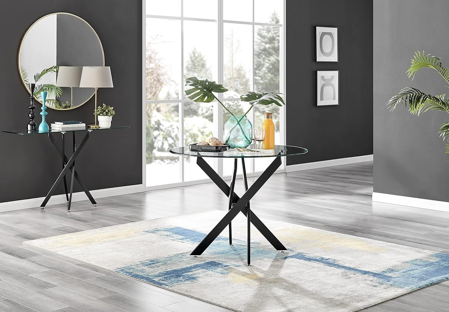 100cm Round Glass Dining Table Black Starburst Legs 4 Seater Modern