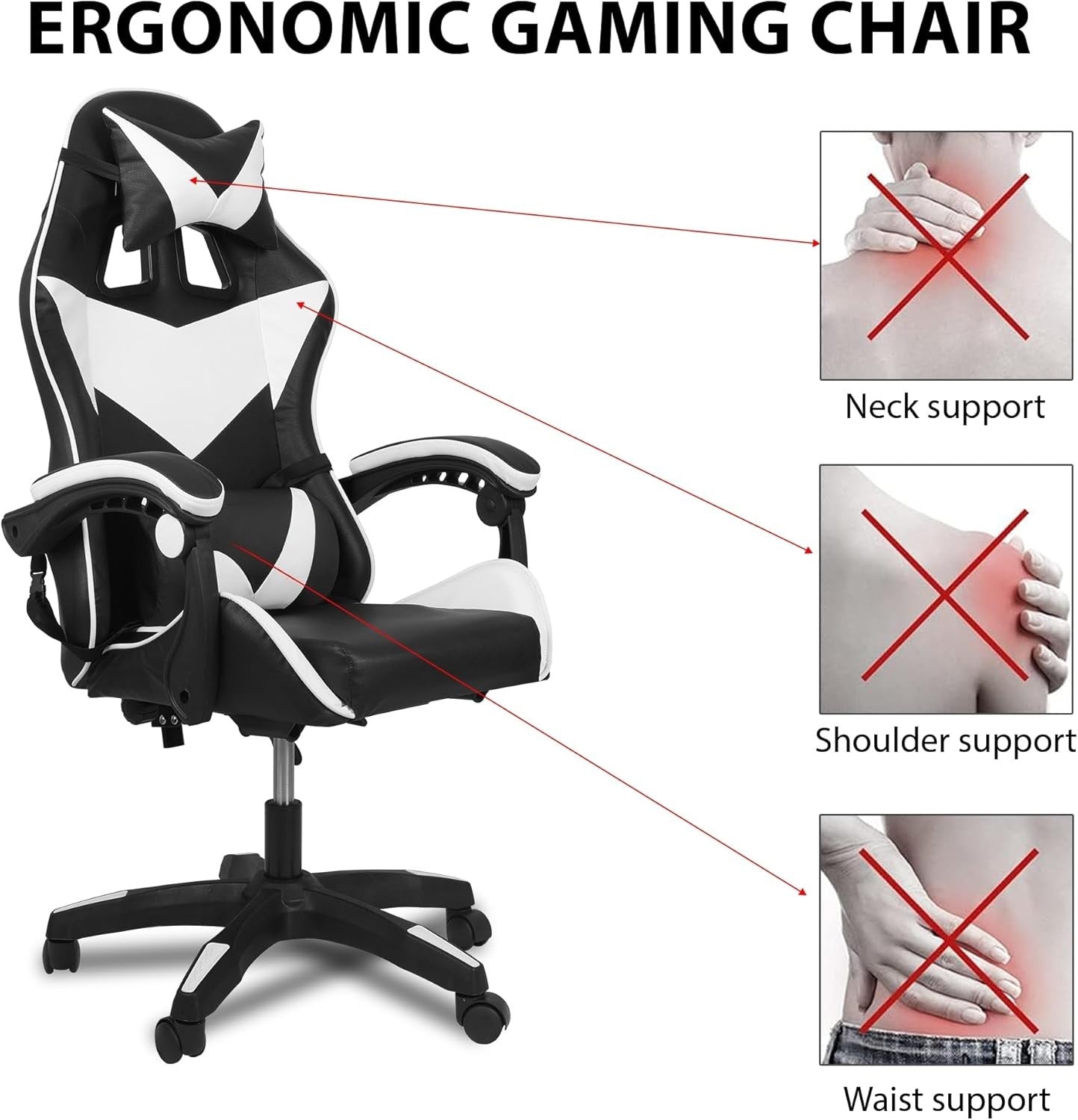Ergonomic Gaming Chair Adjustable Lumbar Support & Headrest - Reclining Office