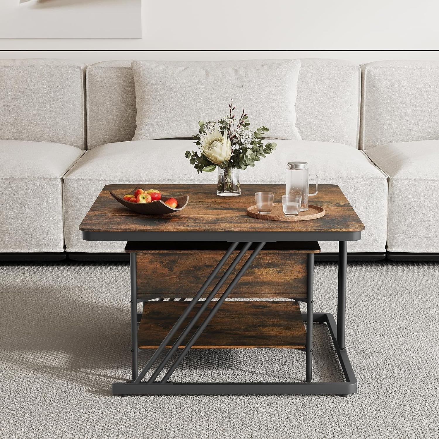 Square Nesting Coffee Table Set 2, Lift Top Storage, Walnut & Black, Space Savin