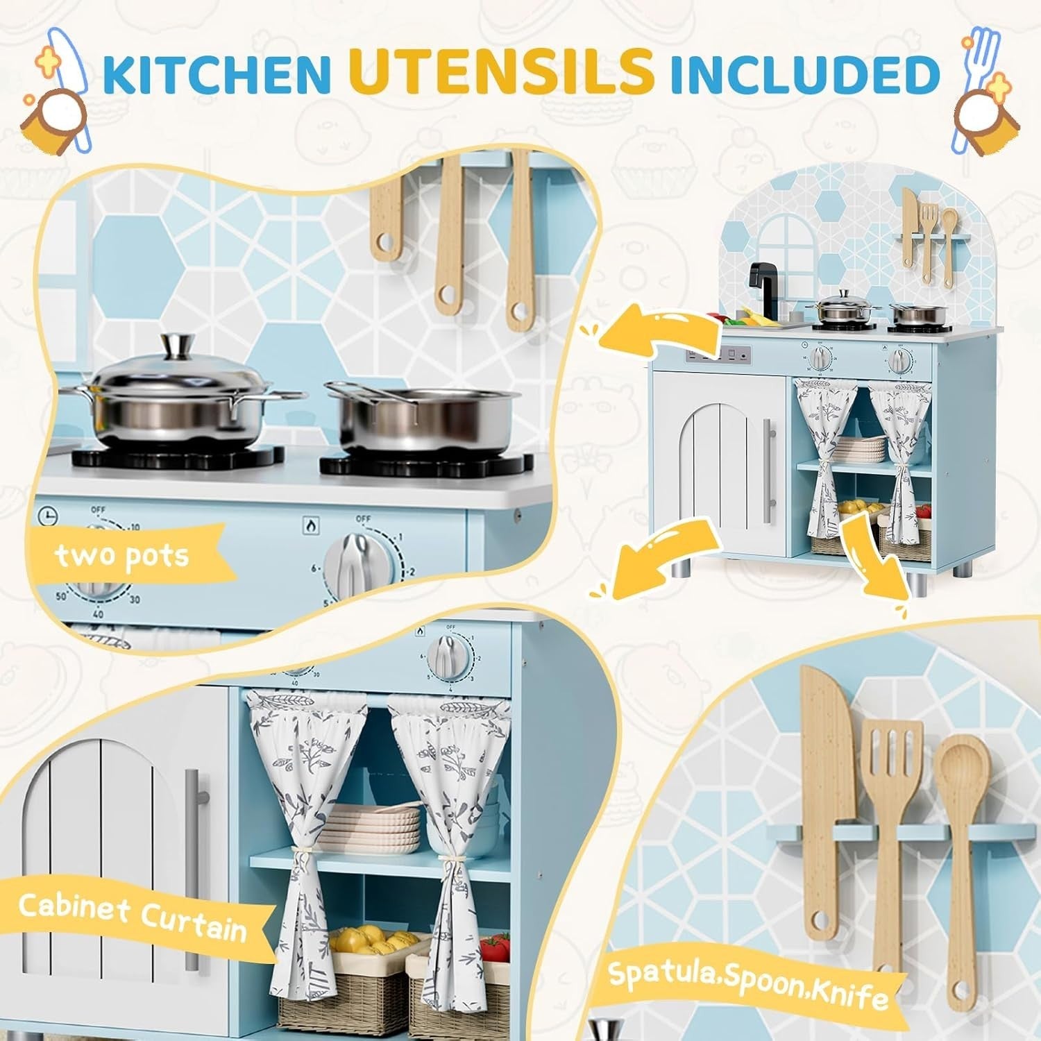 Kids Wooden Play Kitchen w/ Sound Stove Storage Blue Toy Set
