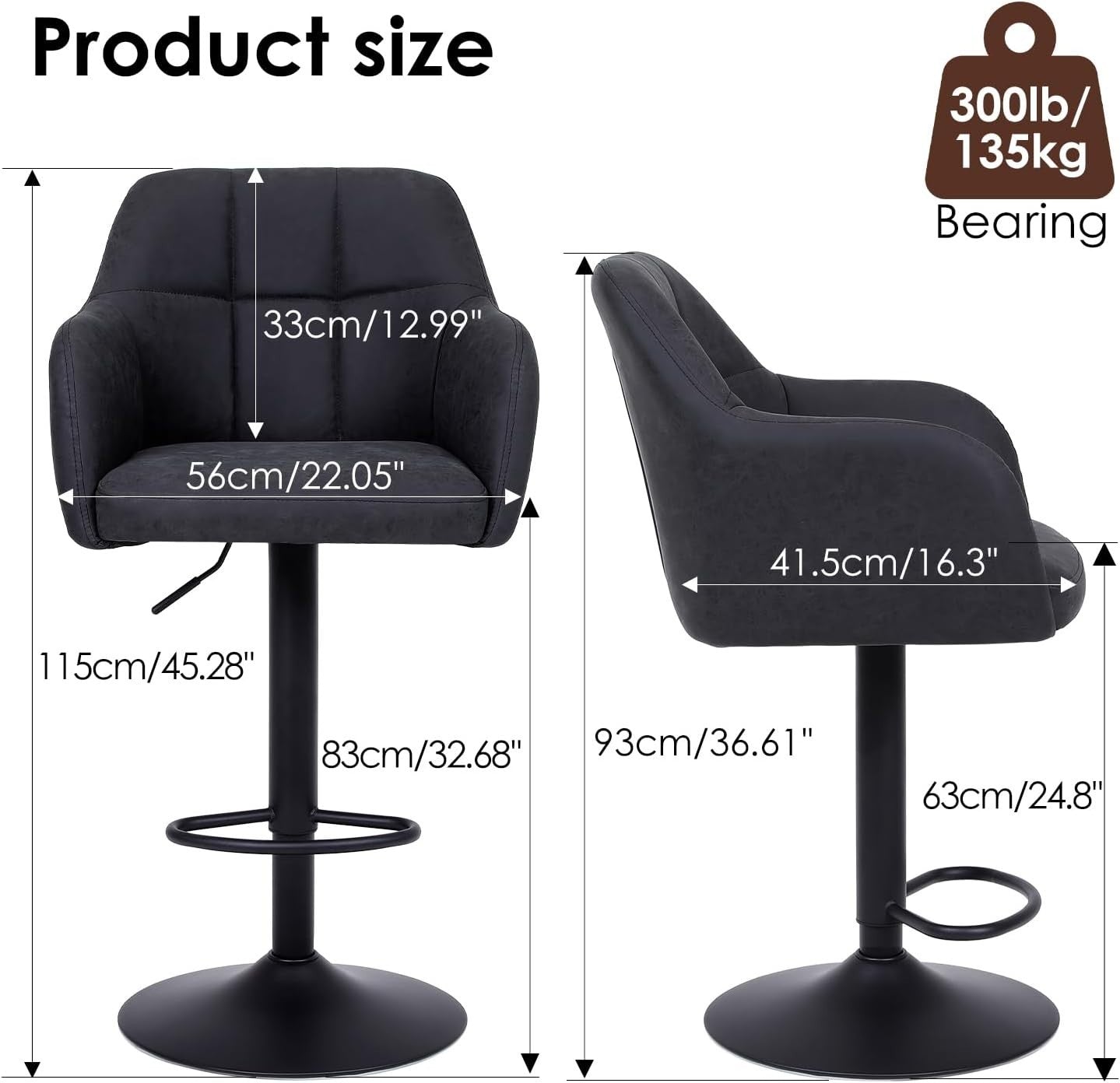 Set of 2 Dark Grey PU Leather Swivel Bar Stools Adjustable Height Modern