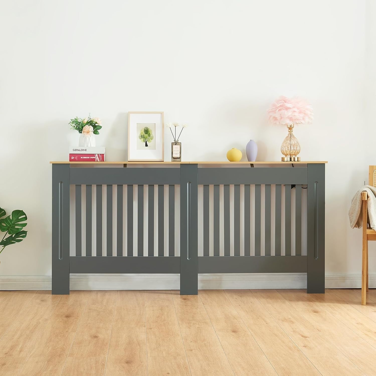 Grey Radiator Cover Extra Large 172cm Wooden Cabinet with Slatted Grill