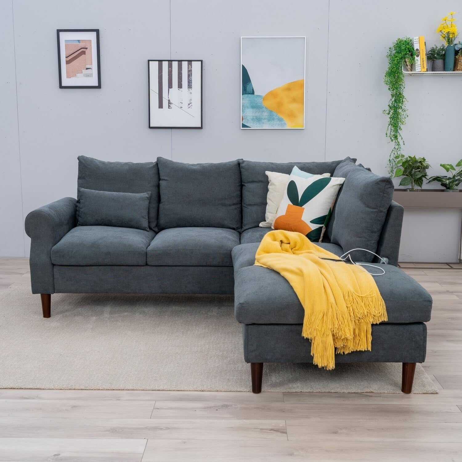 5 Seater Corner Sofa w/ Chaise & USB Port – Grey Linen, 200x195cm, Modern