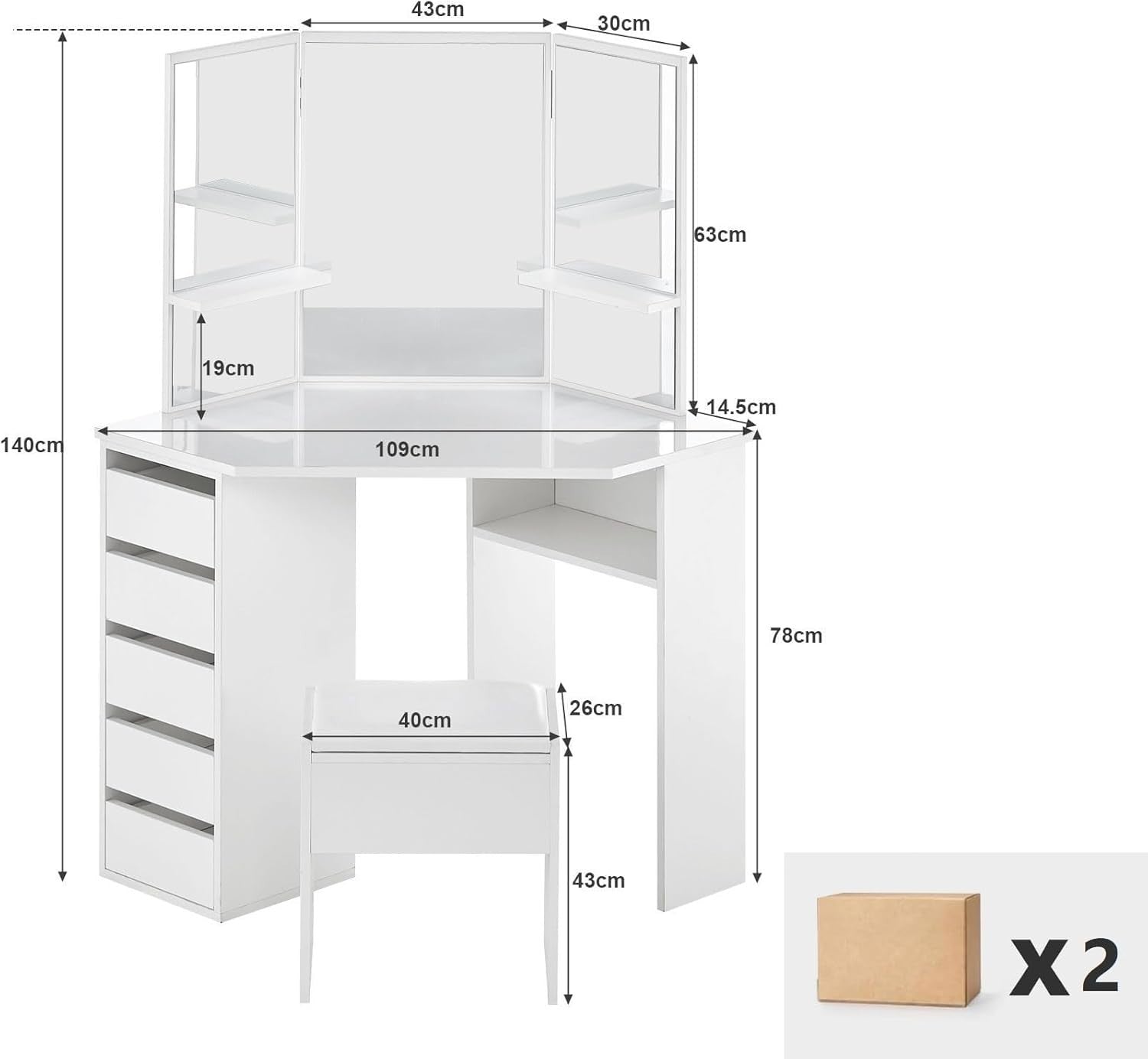 Corner Vanity Dressing Table Set White 3 Hollywood Mirror 5 Drawer Stool (74/77)