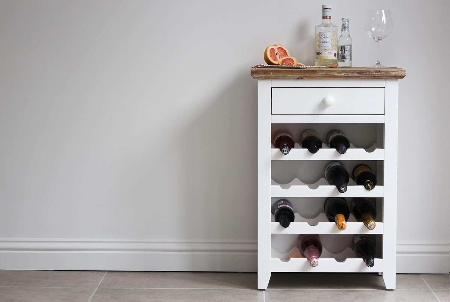 White Wine Rack Side Cabinet with Drawer | Holds 16 Bottles | Solid Wood Console