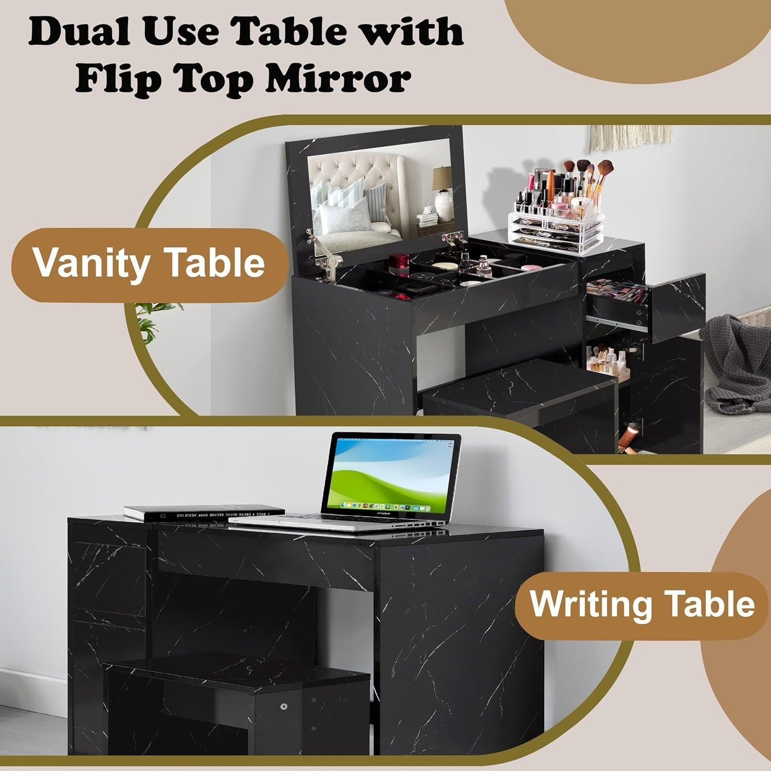 2-in-1 Dressing Table Vanity Makeup Desk Flip Mirror Storage Drawer Black Marble