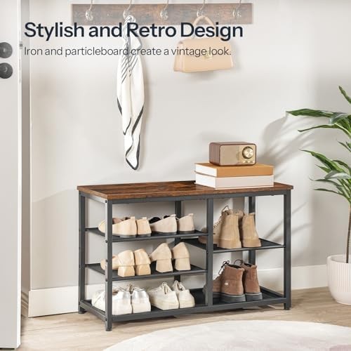 Rustic Brown 5-Tier Shoe Storage Bench with Seat Metal Frame Entryway Rack