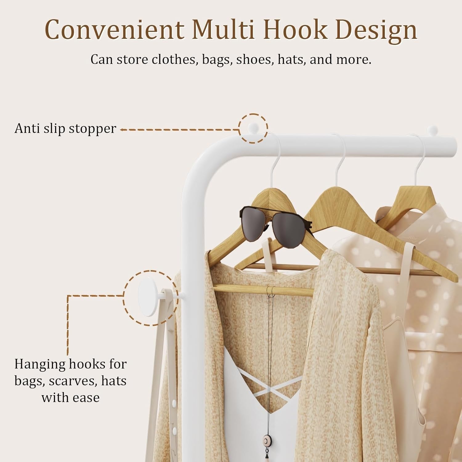White Metal Coat Rack Stand 180cm Freestanding Clothes Rail with Hooks Modern