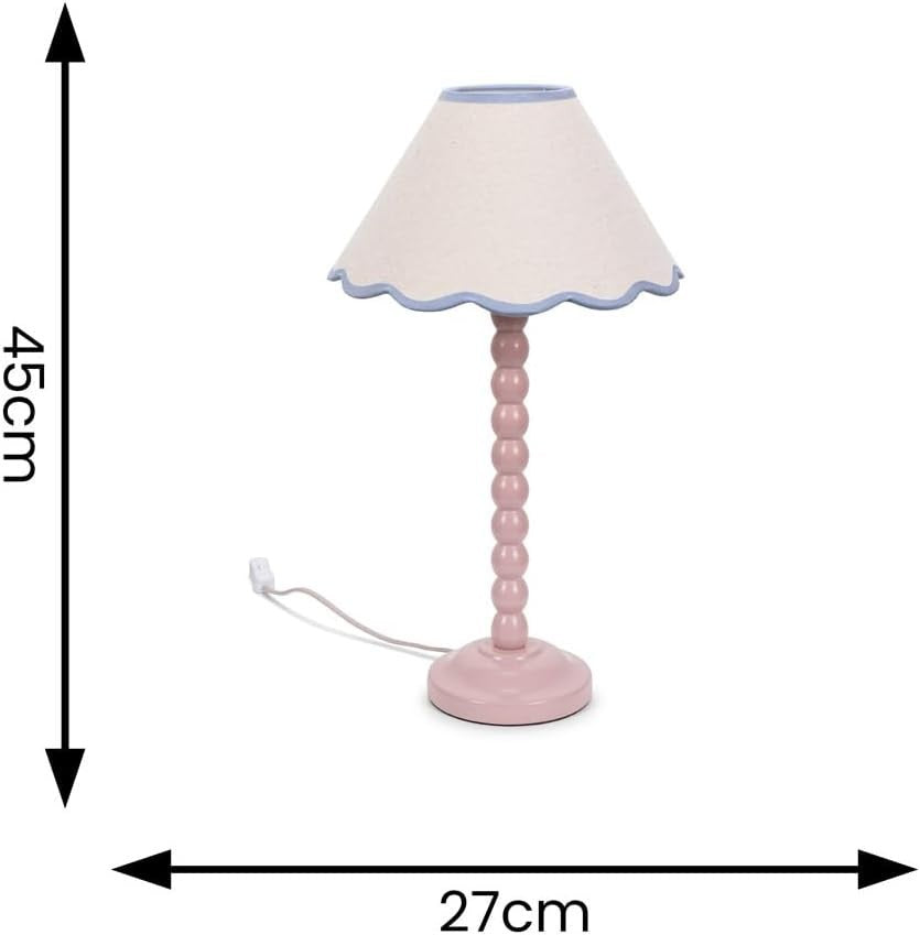 Rose Pink Bobbin Table Lamp Blue Trim Scallop Shade Pastel 45cm
