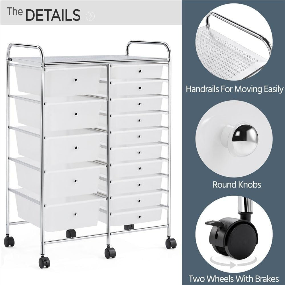 15 Drawer Rolling Storage Trolley White Beauty Office Organizer Cart