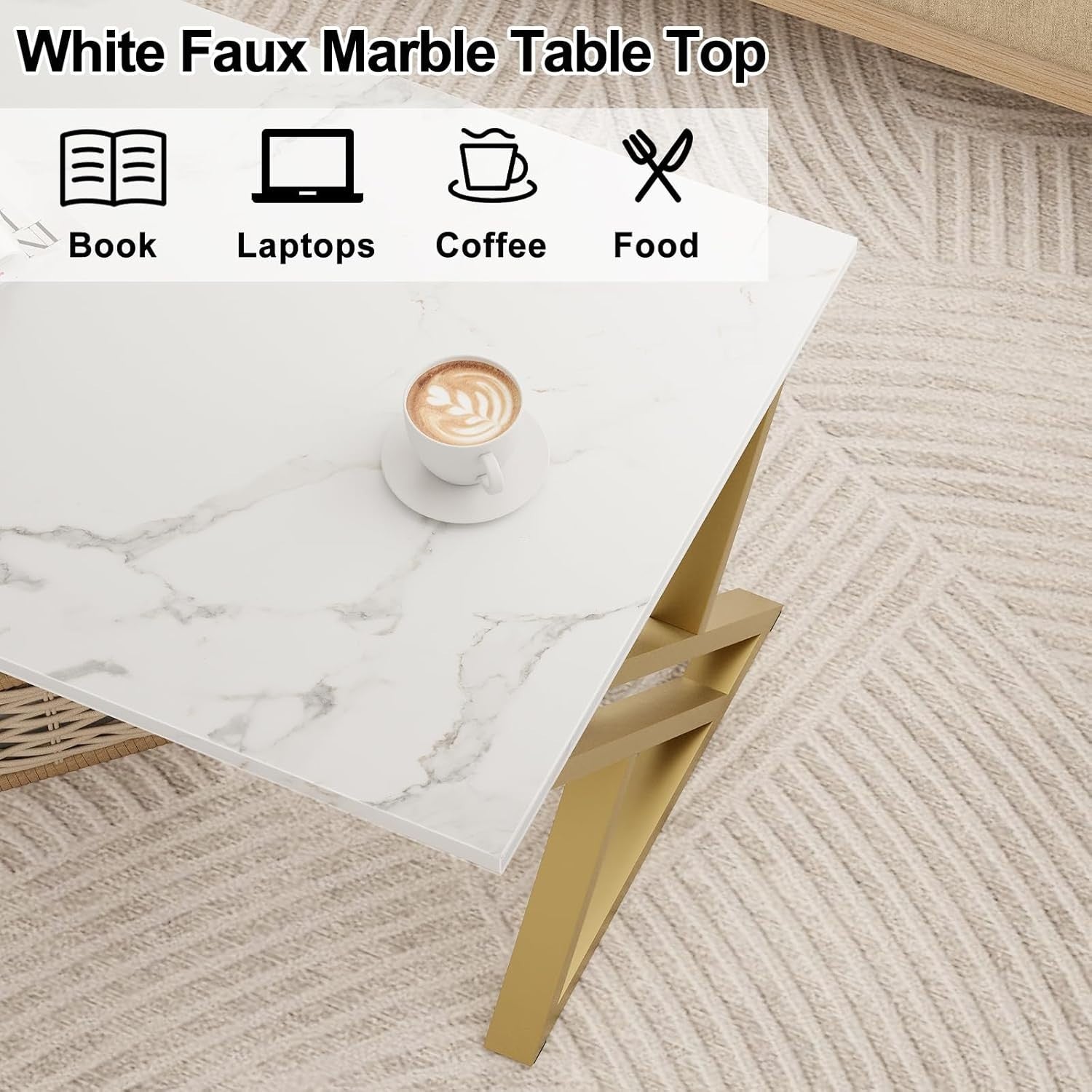 Modern White Gold Coffee Table Rectangular Living Room Table Open Storage