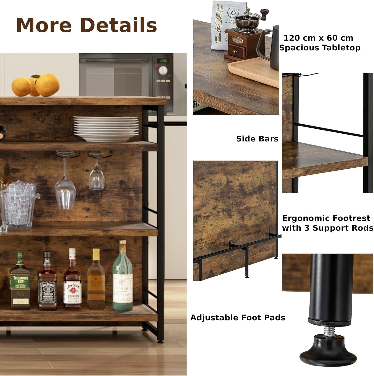 Industrial Kitchen Island Bar Table with Wine Rack Rustic Brown 120x60cm