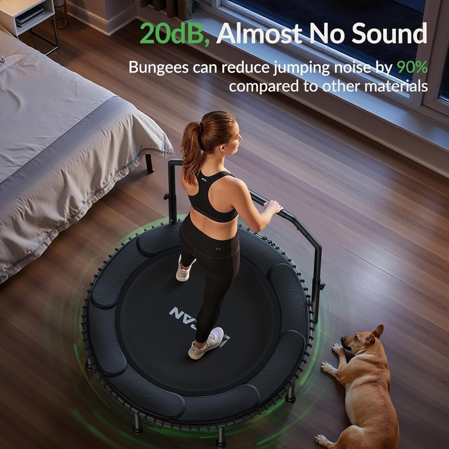 48in Fitness Rebounder Trampoline Adjustable Handle 550lb Silent Bungee