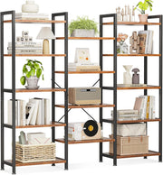 5 Tier Triple Bookshelf Industrial 14 Shelf Wide Bookcase Rustic Brown Metal