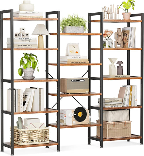 5 Tier Triple Bookshelf Industrial 14 Shelf Wide Bookcase Rustic Brown Metal