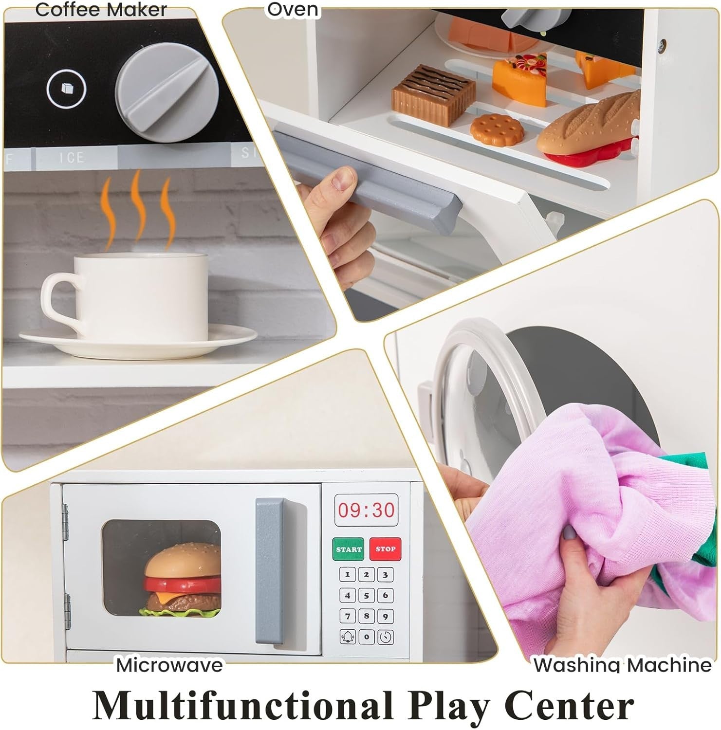 Kids Wooden Play Kitchen Lights Sounds Coffee Maker Laundry Set