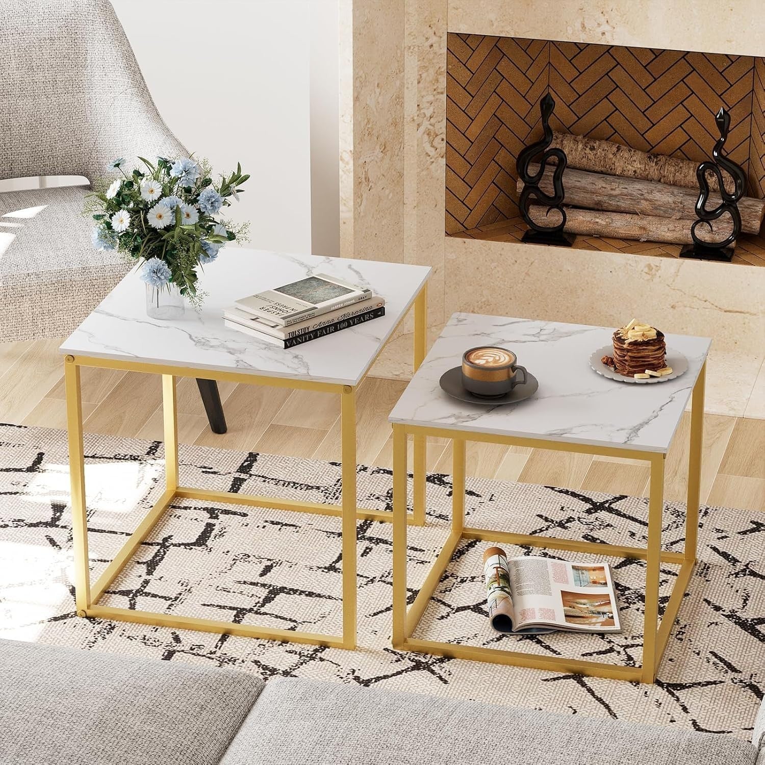 Nesting Side Coffee Tables Set 2 Square Wood Metal Frame Living Room Bedroom