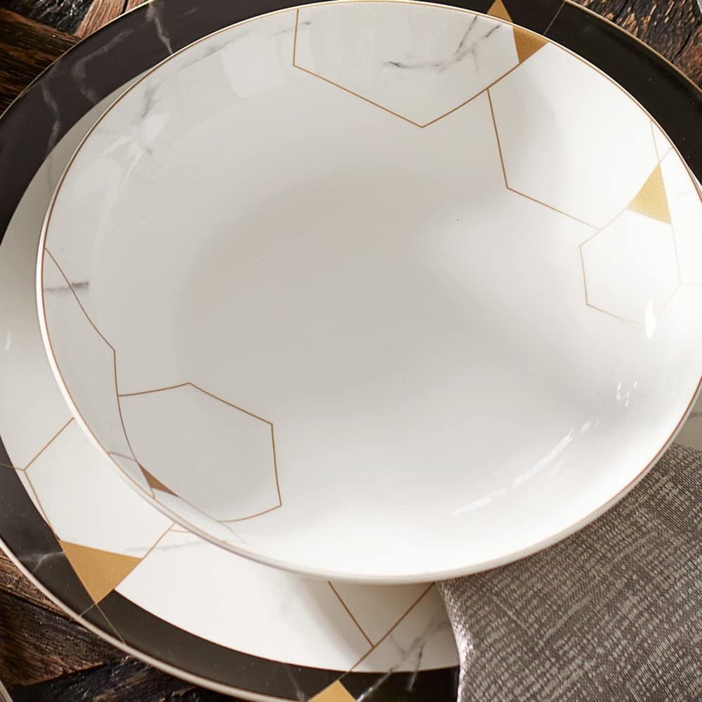 24pc Bone China Dinnerware Set Black White Gold Marble Luxury Plates