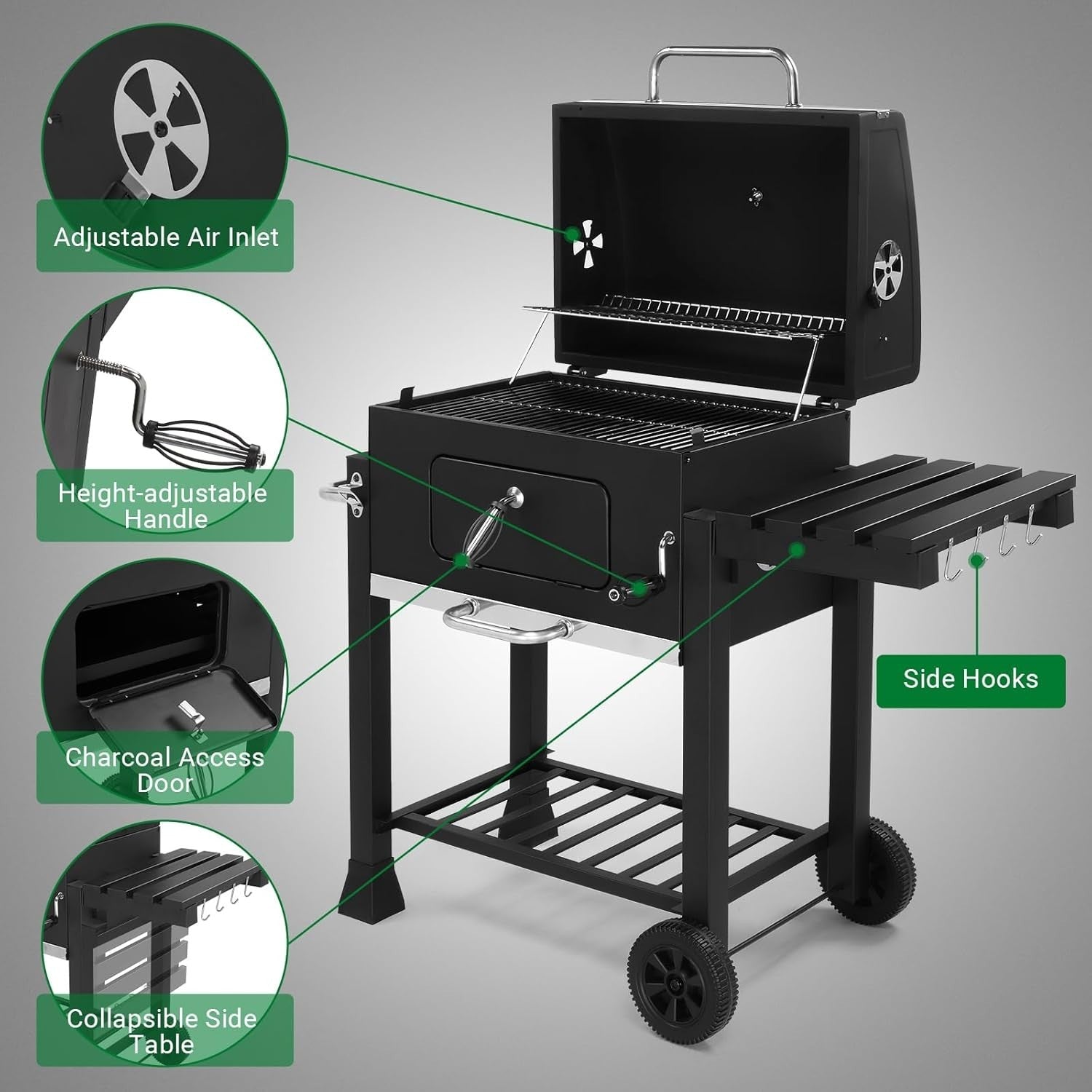 Portable Charcoal BBQ Grill with Folding Side Table, Height Adjustable Tray