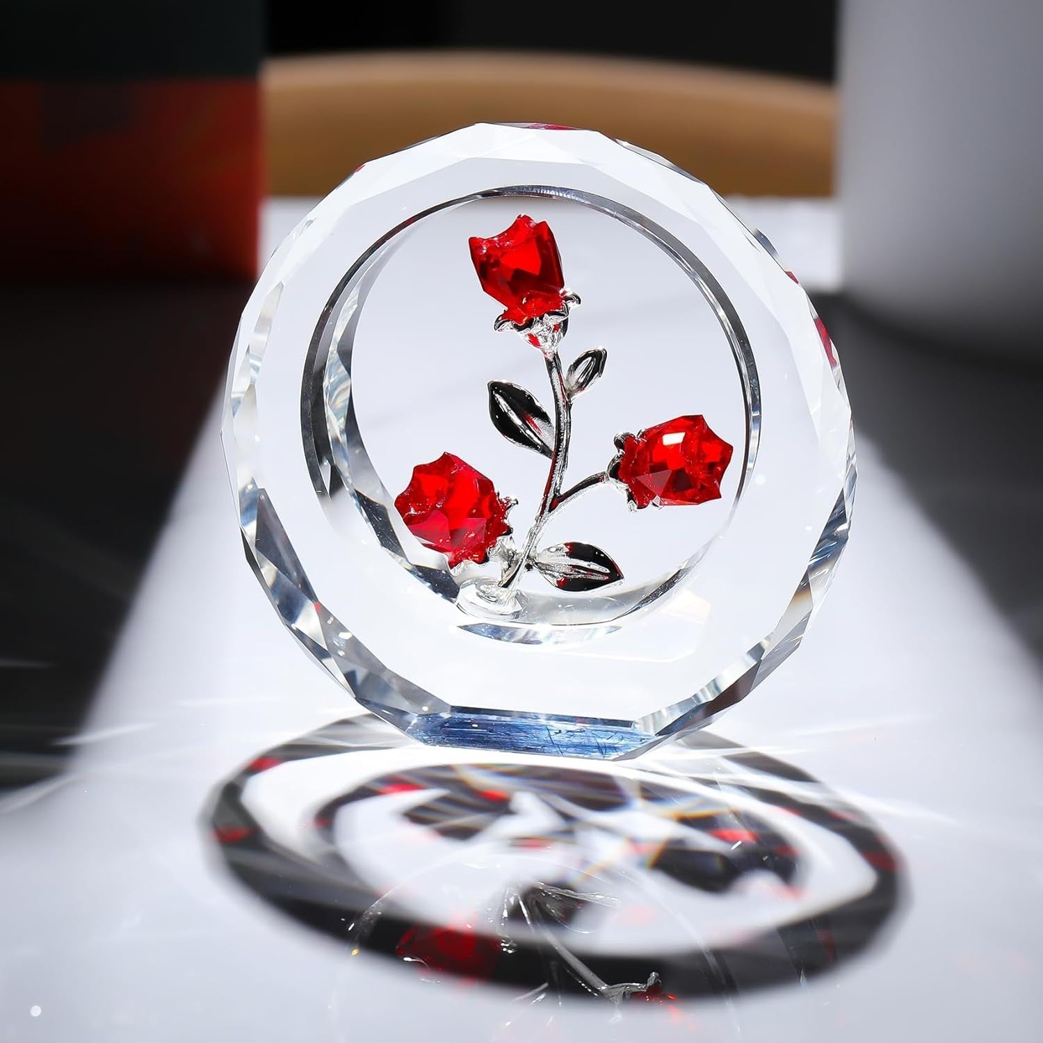 Red Crystal Rose Bouquet Ornament • Glass Flower Figurine Romantic Gift
