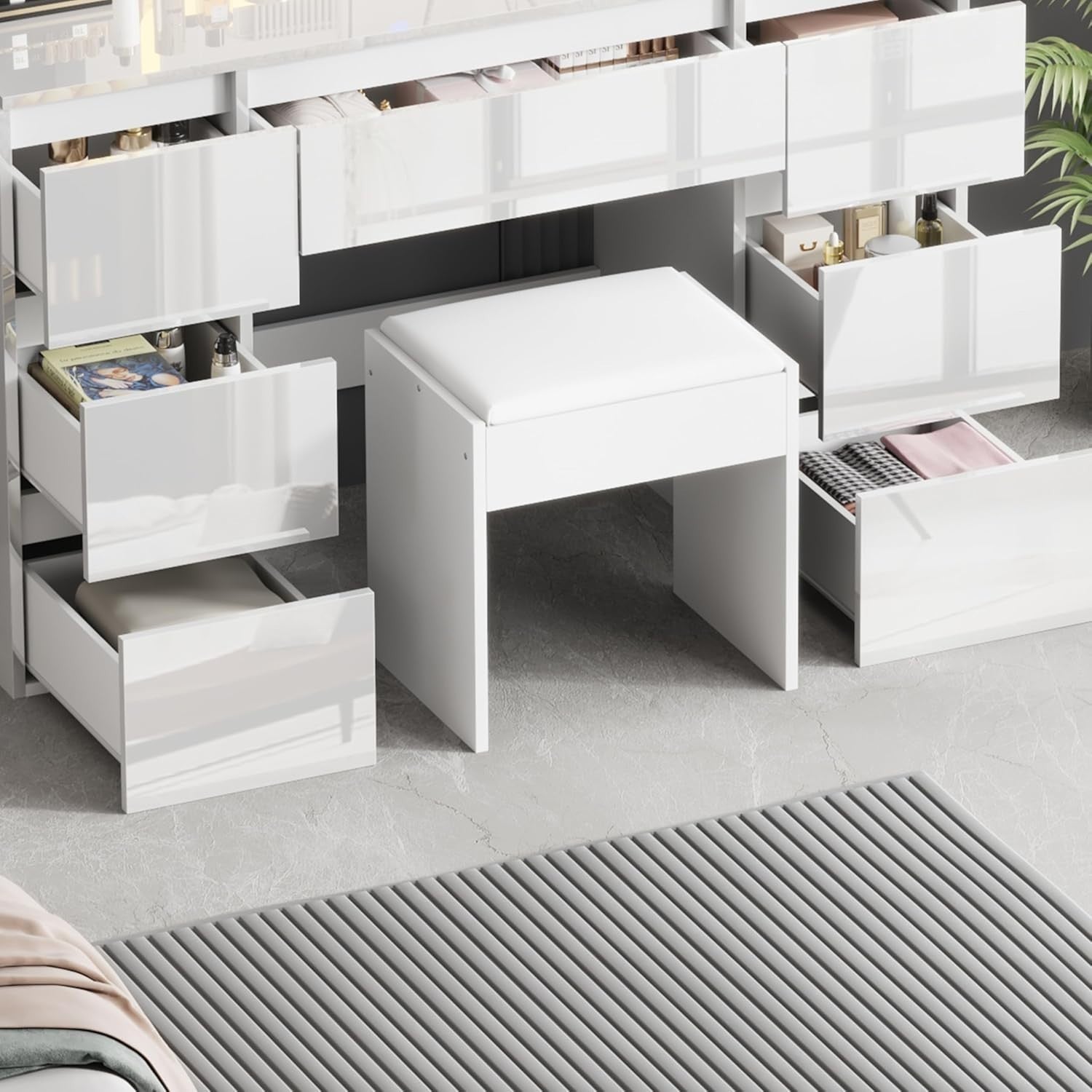 Modern White Gloss Dressing Table Vanity Desk LED Mirror Set 7 Drawers Stool
