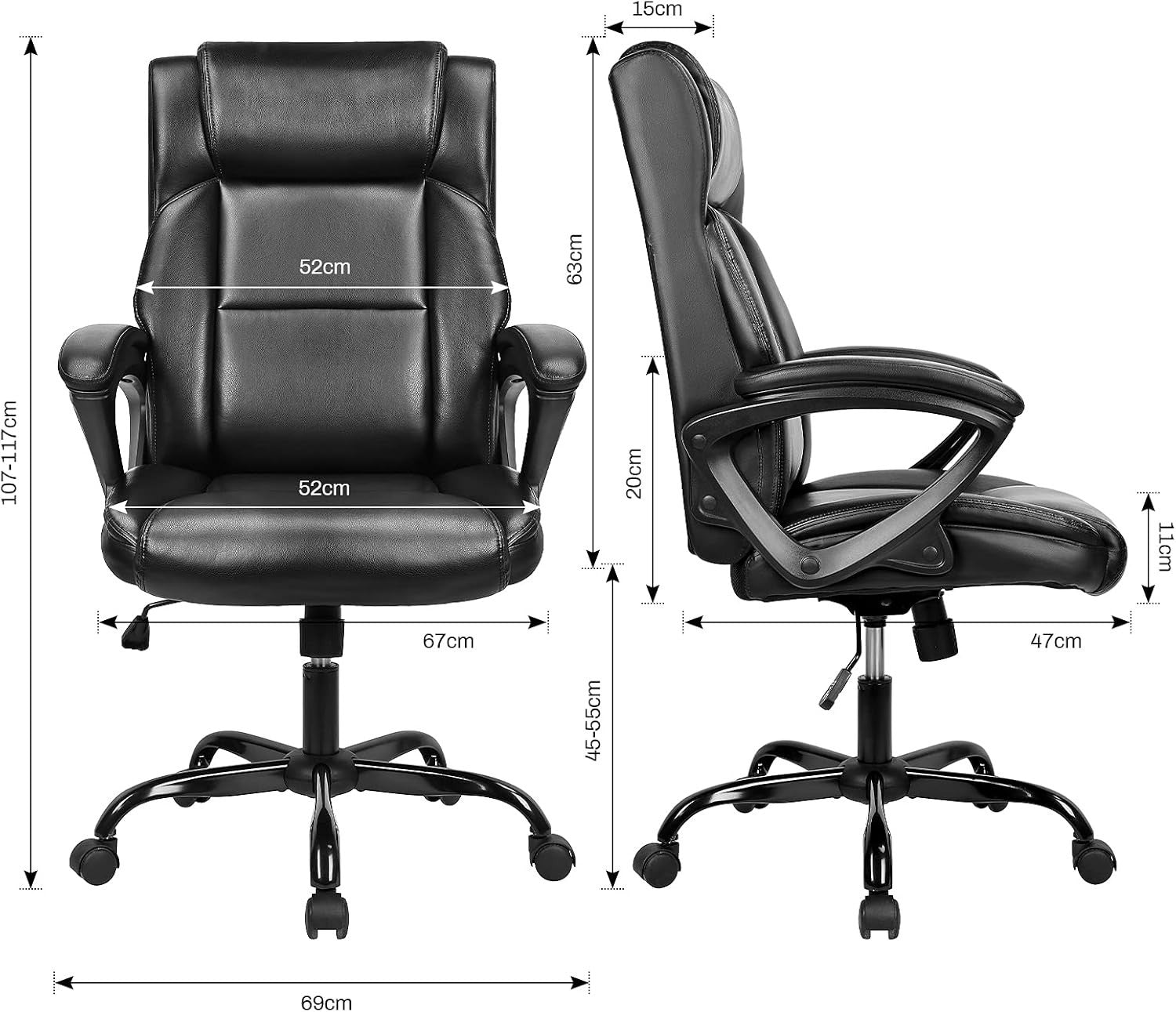 Executive Ergonomic Office Chair Black Leather Desk Chair 150kg Padded Reclining