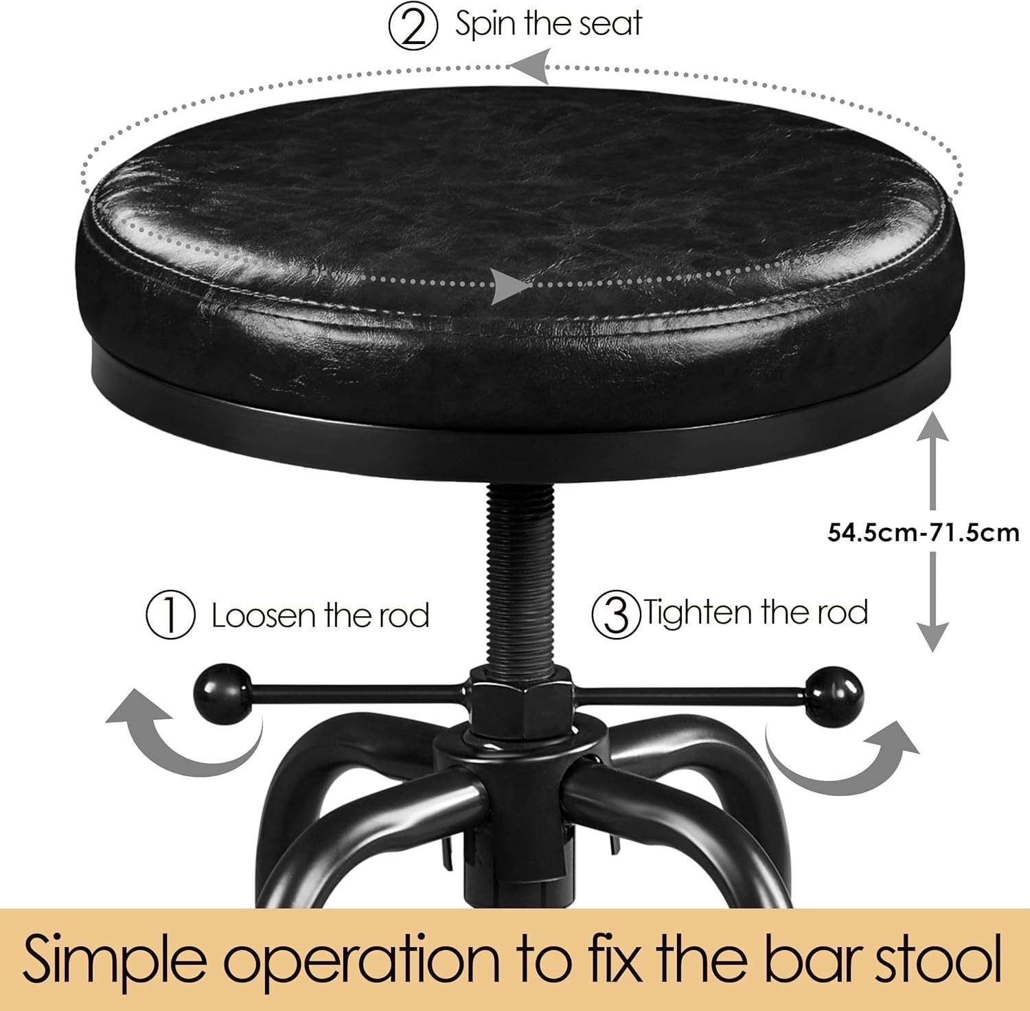 Black Industrial Bar Stool – Adjustable Round Kitchen Counter Chair