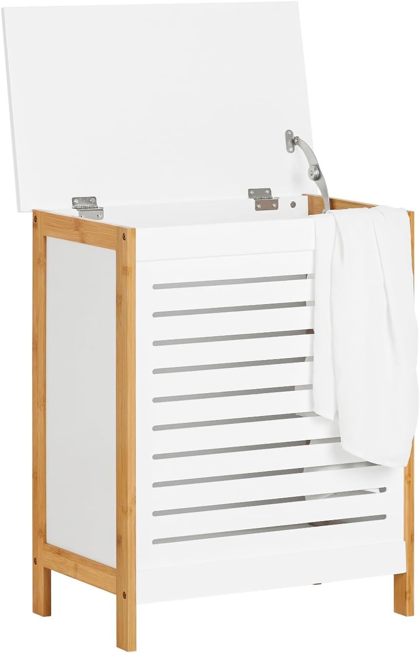 Modern Laundry Basket with Hinged Lid, 50x30x60cm Storage Hamper, Bamboo Frame