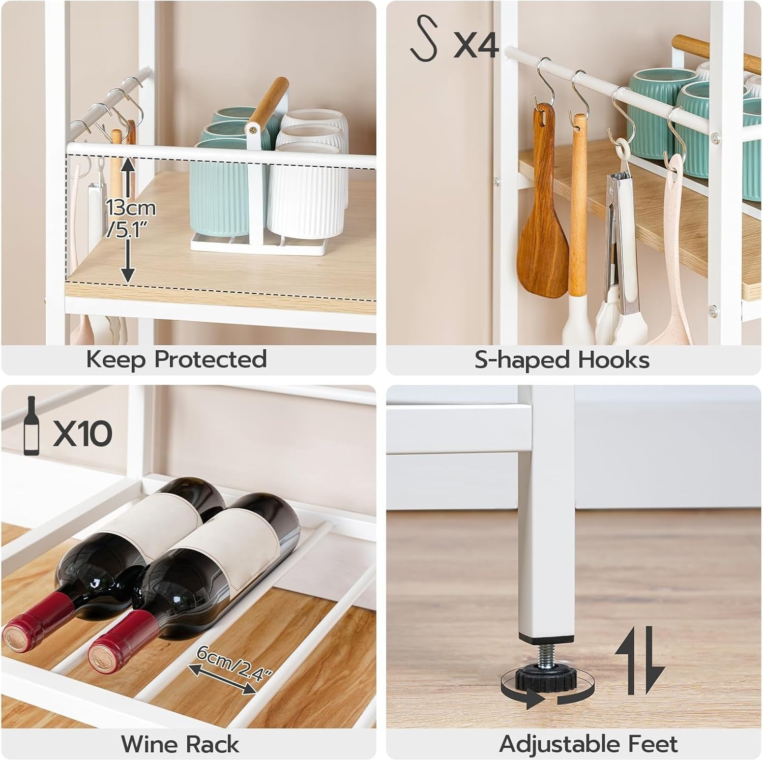 HOOBRO Kitchen Island Table with Storage, Power Outlet & Microwave Stand 90x48cm