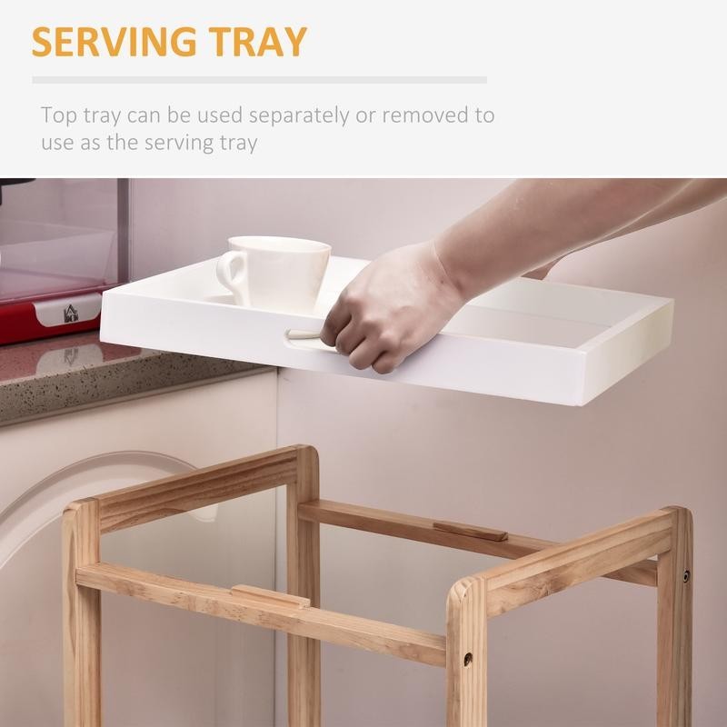 3-Tier Rolling Kitchen Trolley with Tray & Shelves – White Wood Storage