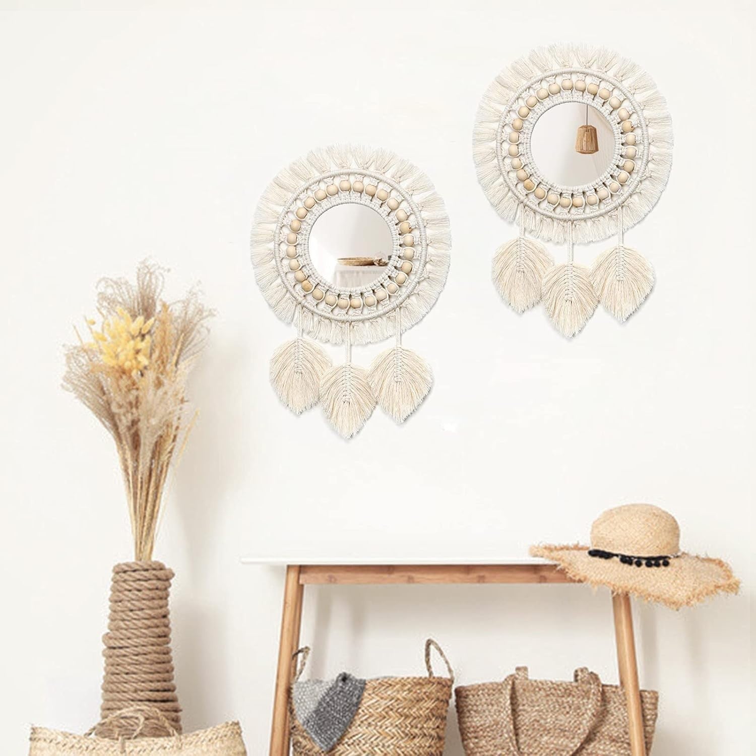 Boho Macrame Wall Mirror 13" Round Cotton Fringe Mirror Decor