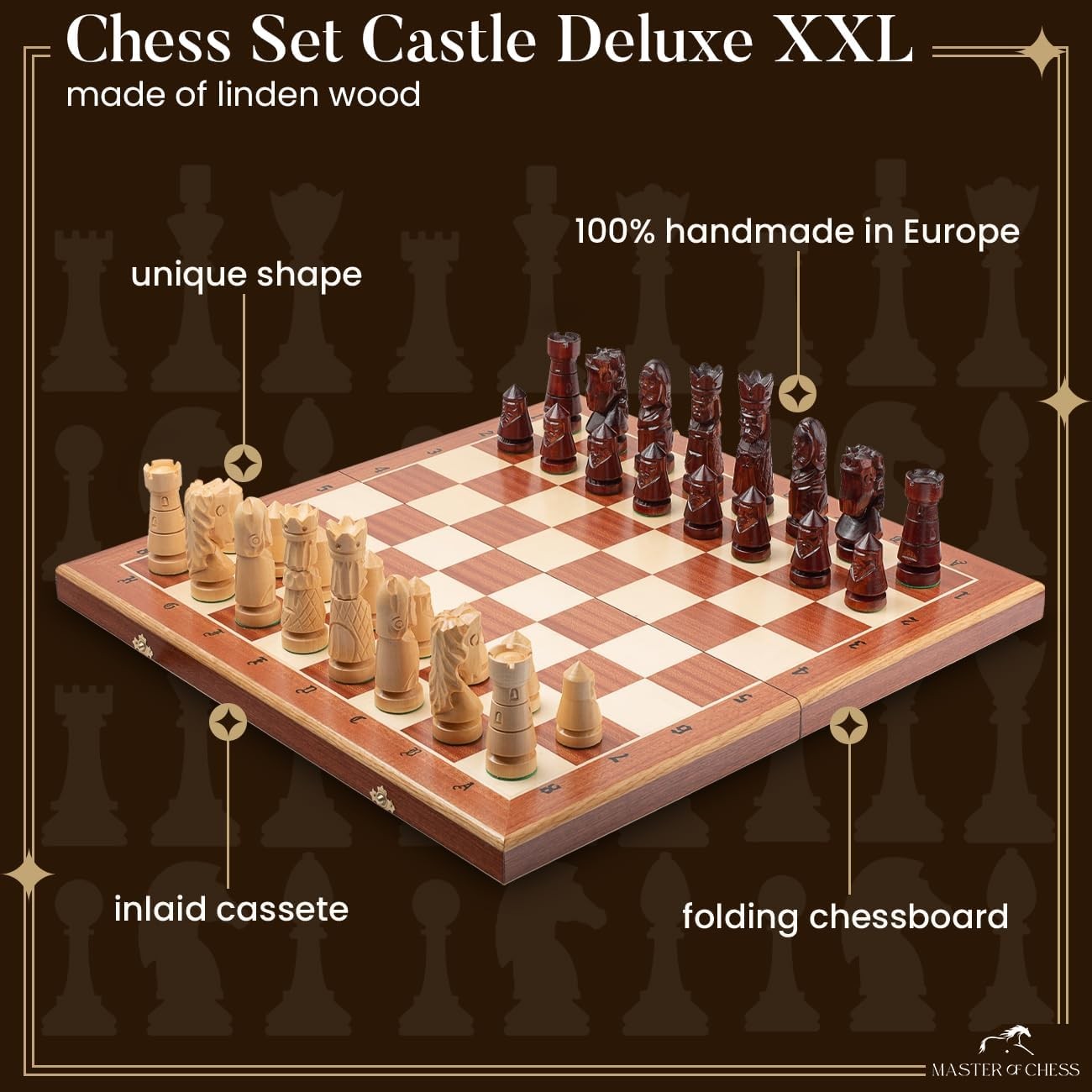 60cm XXL Luxury Inlaid Wooden Chess Set – Handcrafted Board & Tall Weighted Piec