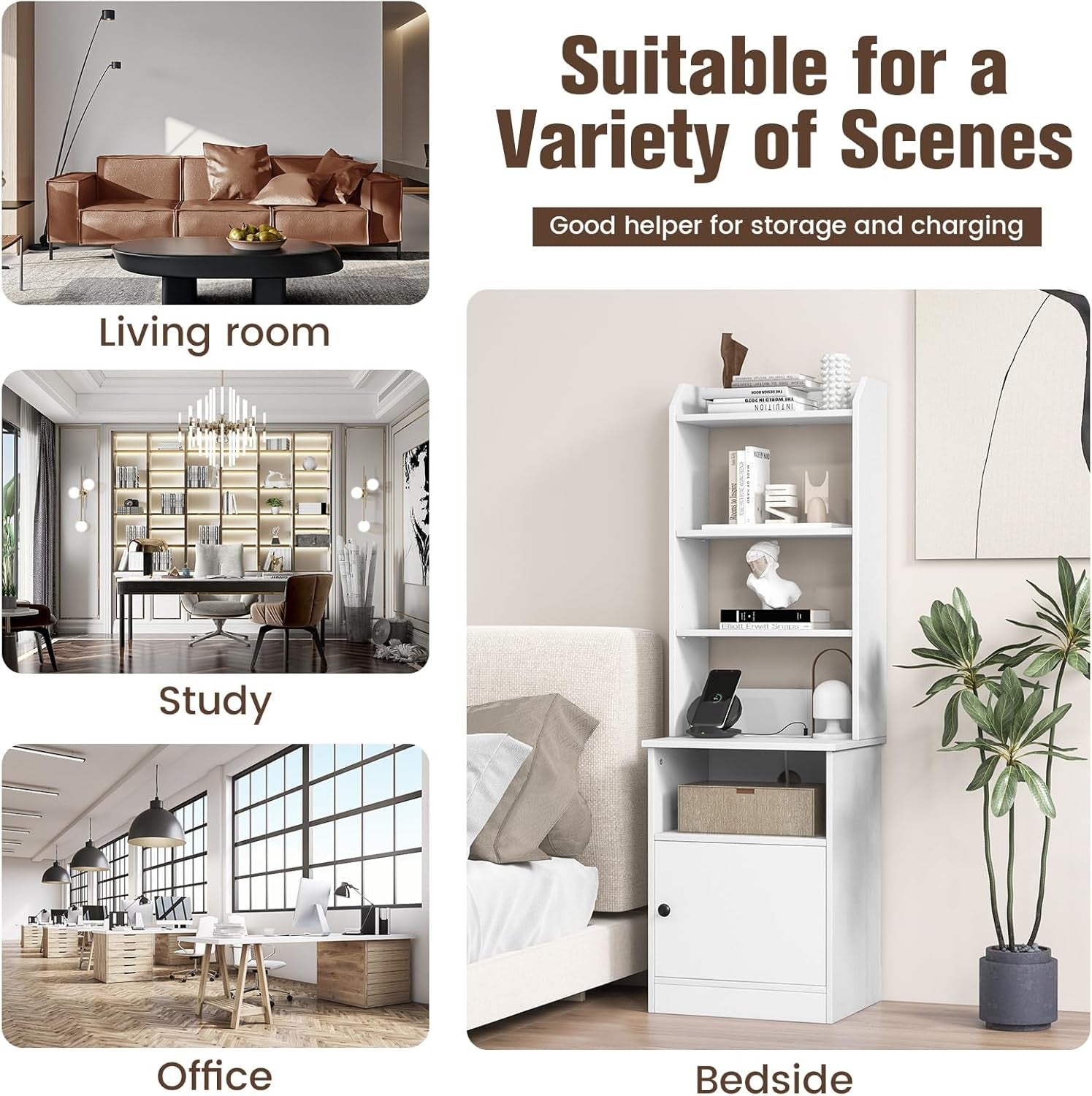 140cm Tall White Bedside Table with Charging Station & Adjustable Bookshelf Stor