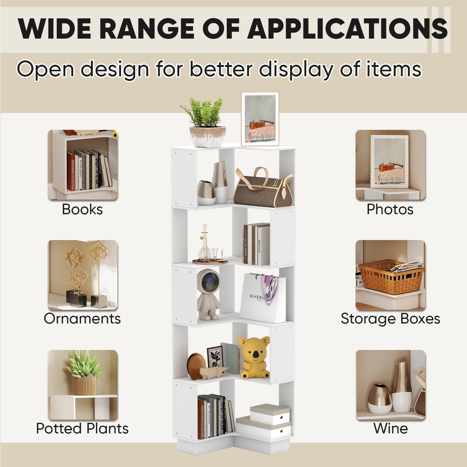 5-Tier Corner Bookshelf White Freestanding Slim Storage Display Unit 175cm