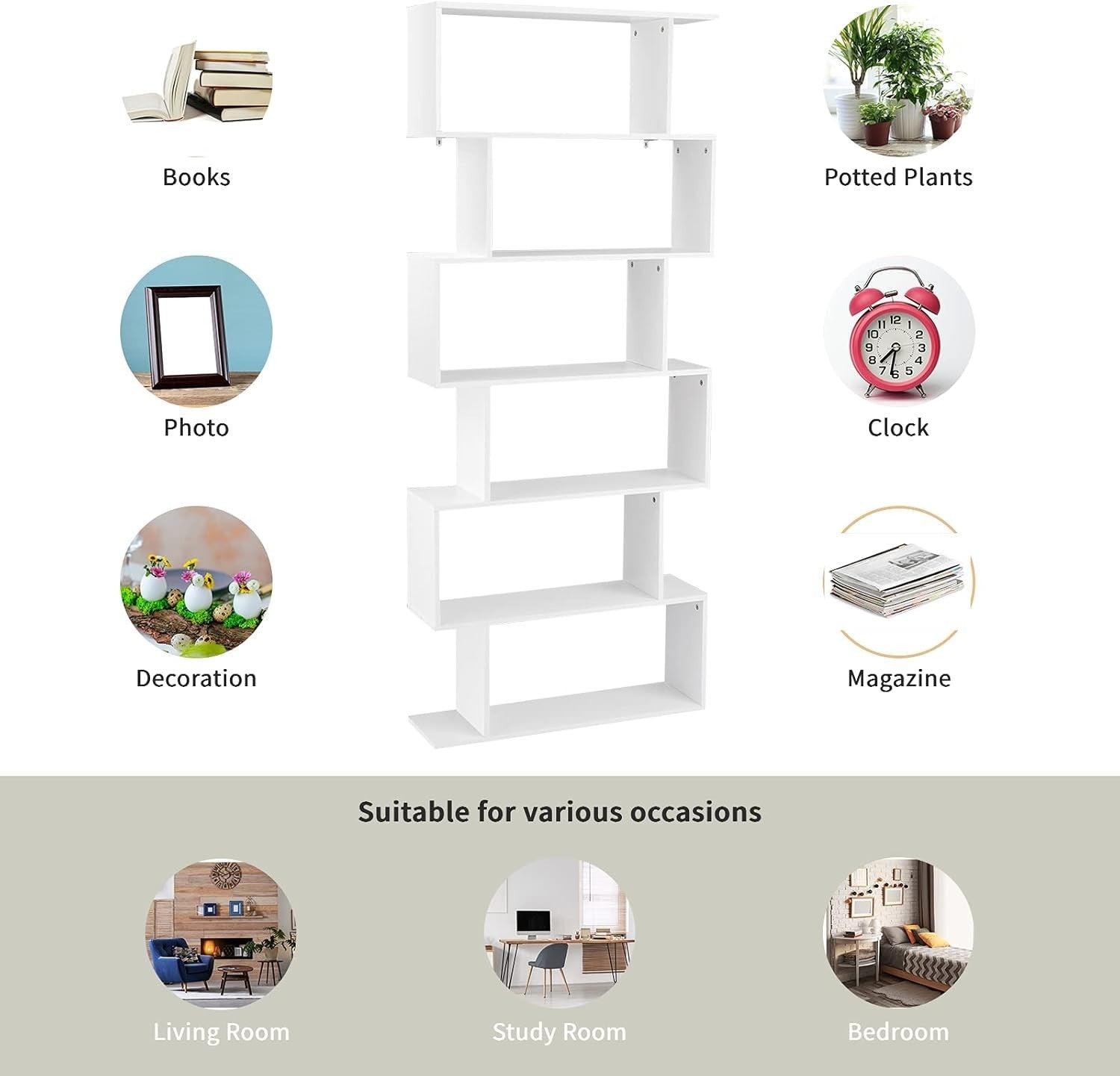 S Shaped 6 Tier Wooden Bookcase Freestanding Display Storage Shelf White