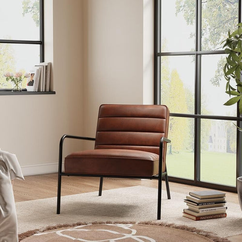 Tan PU Leather Accent Armchair Deep Seat Black Metal Frame Modern