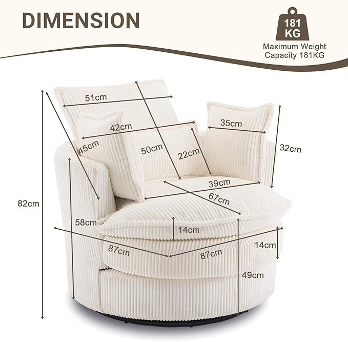 White Swivel Barrel Accent Chair 360° Rotating Cuddle Tub Armchair