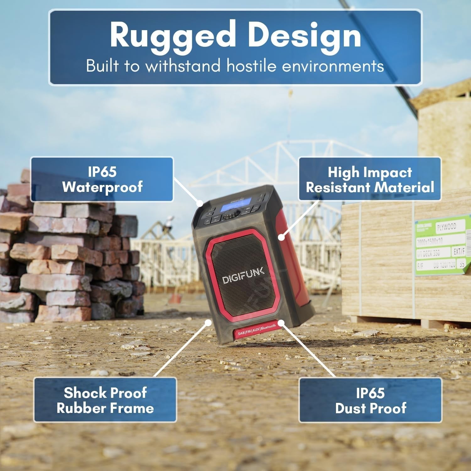 Red DAB+ Work Site Radio Bluetooth USB Rechargeable IP65 Waterproof