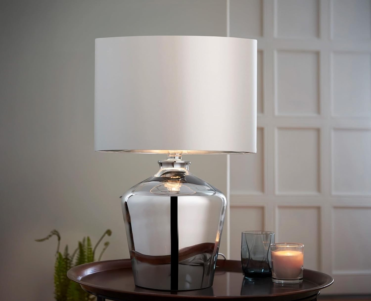 Dimmable Chrome Glass Table Lamp with Ivory Shade, LED Compatible, 47cm