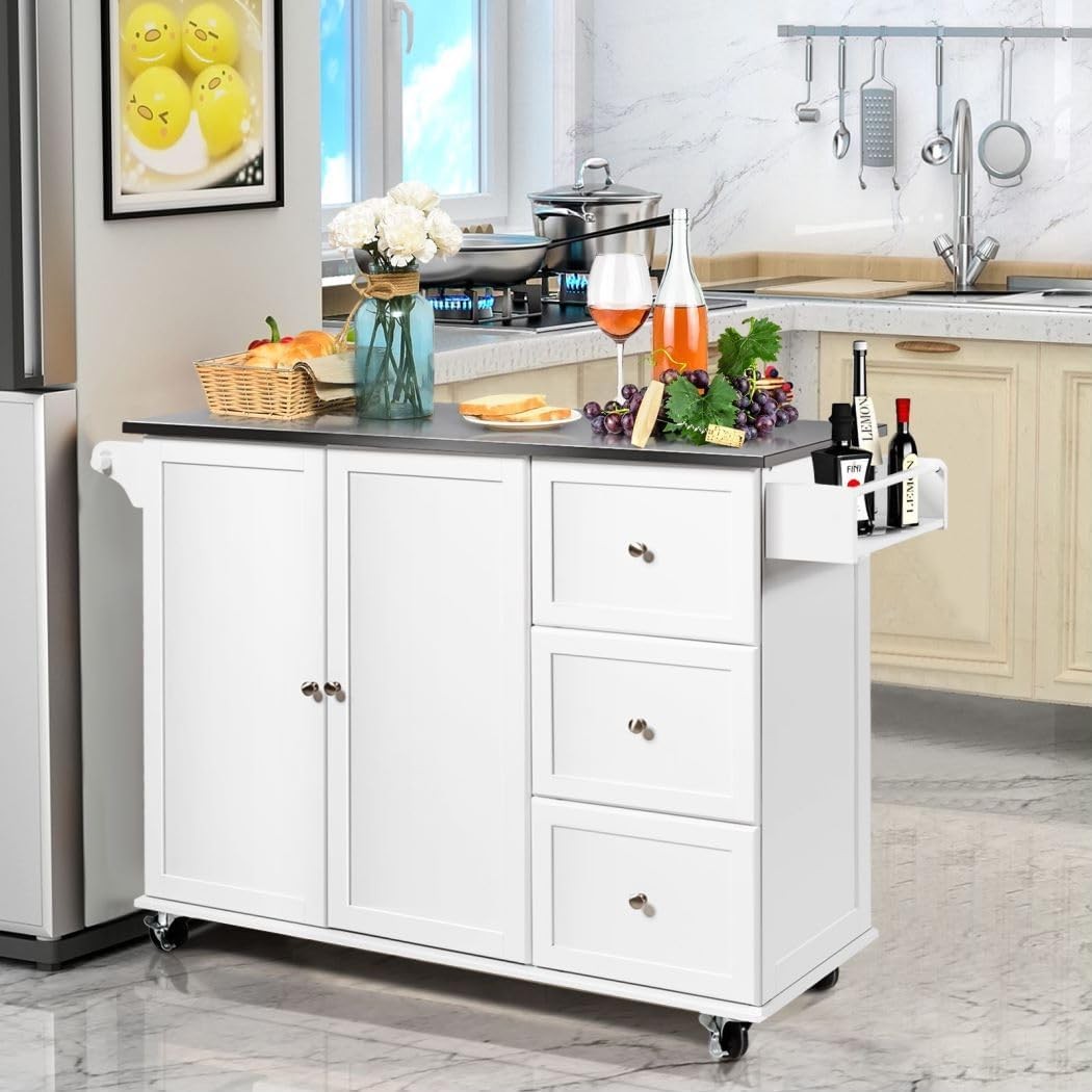 Kitchen Island Cart on Wheels Storage Cabinet Trolley with Steel Worktop